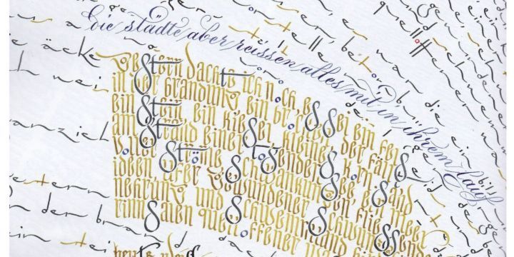 Kalligrafie, Gedicht, Schrift, gelb und blau, quer